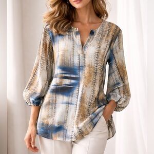 Tianello Blue Abstract Silk Tunic Blouse Size Large Garment Dyed